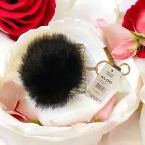 Aldo Black Key Chain Bag Charm with Fluffy Pom-Pom